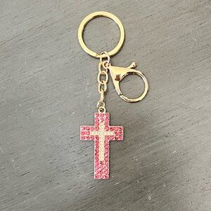 Cross Light Pink Barbie & Clear Allover Rhinestone 4" Gold Keychain Bag Charm